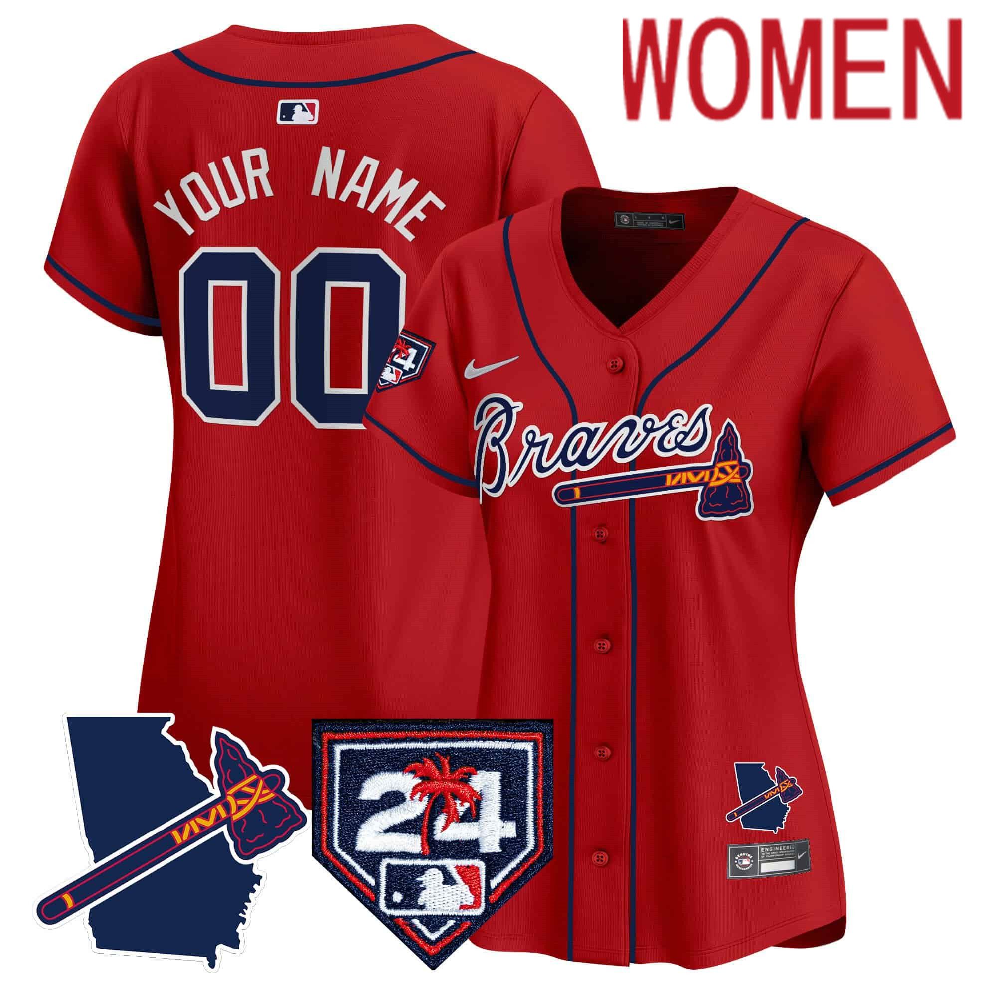 Women Atlanta Braves Red Nike 2024 Spring Training & Georgia Patch Vapor Premier Elite Custom MLB Jersey->customized mlb jersey->Custom Jersey